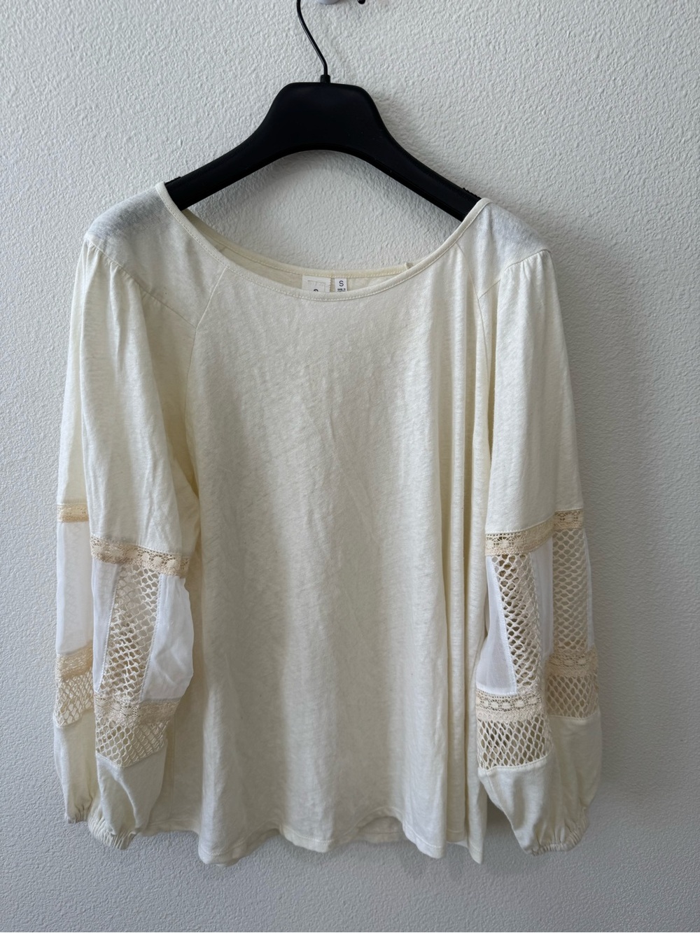 Anthropologie Cream Crochet-Panel Balloon Sleeve Top